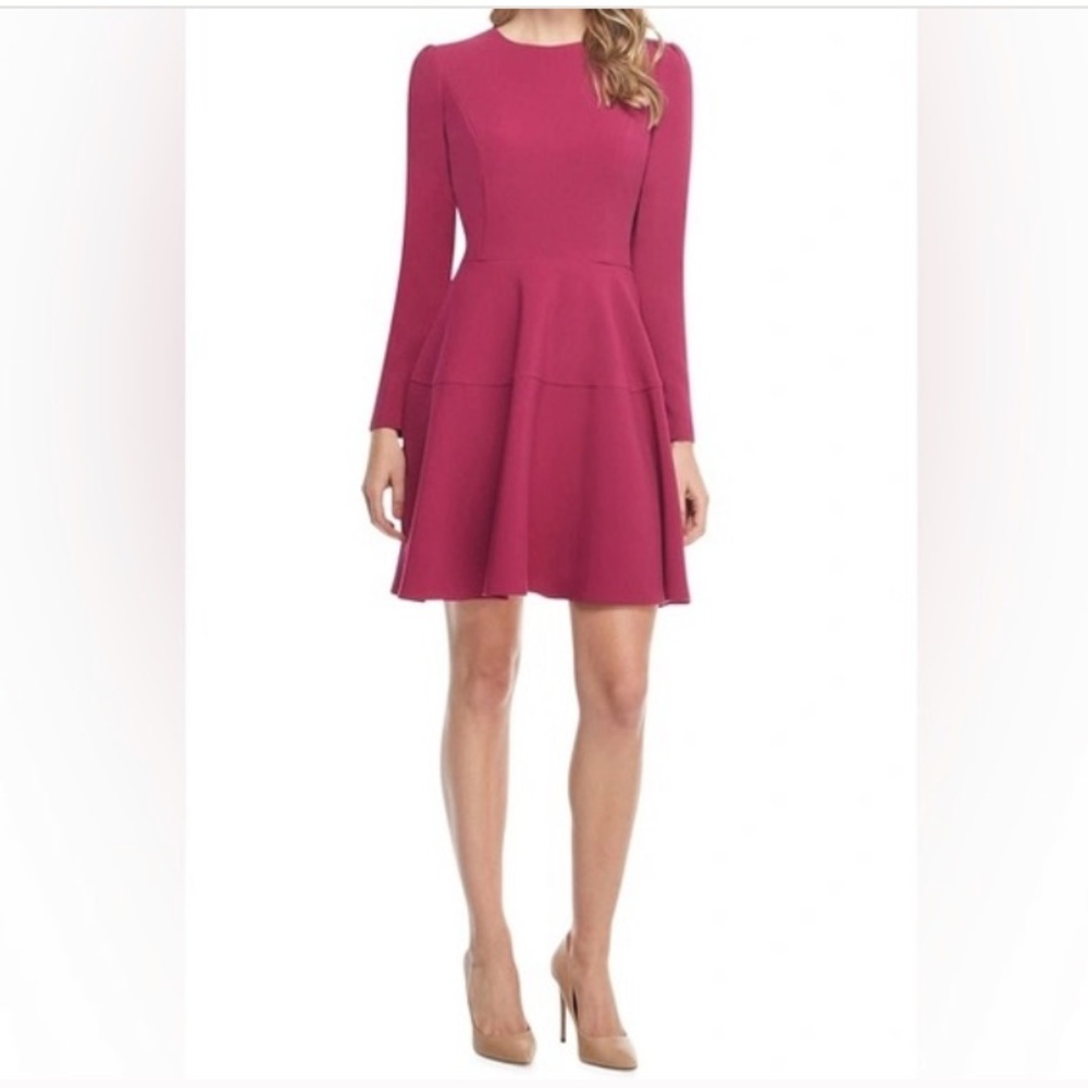Gal Meets Glam Long Sleeve Fit-and-Flare Dress in Magenta